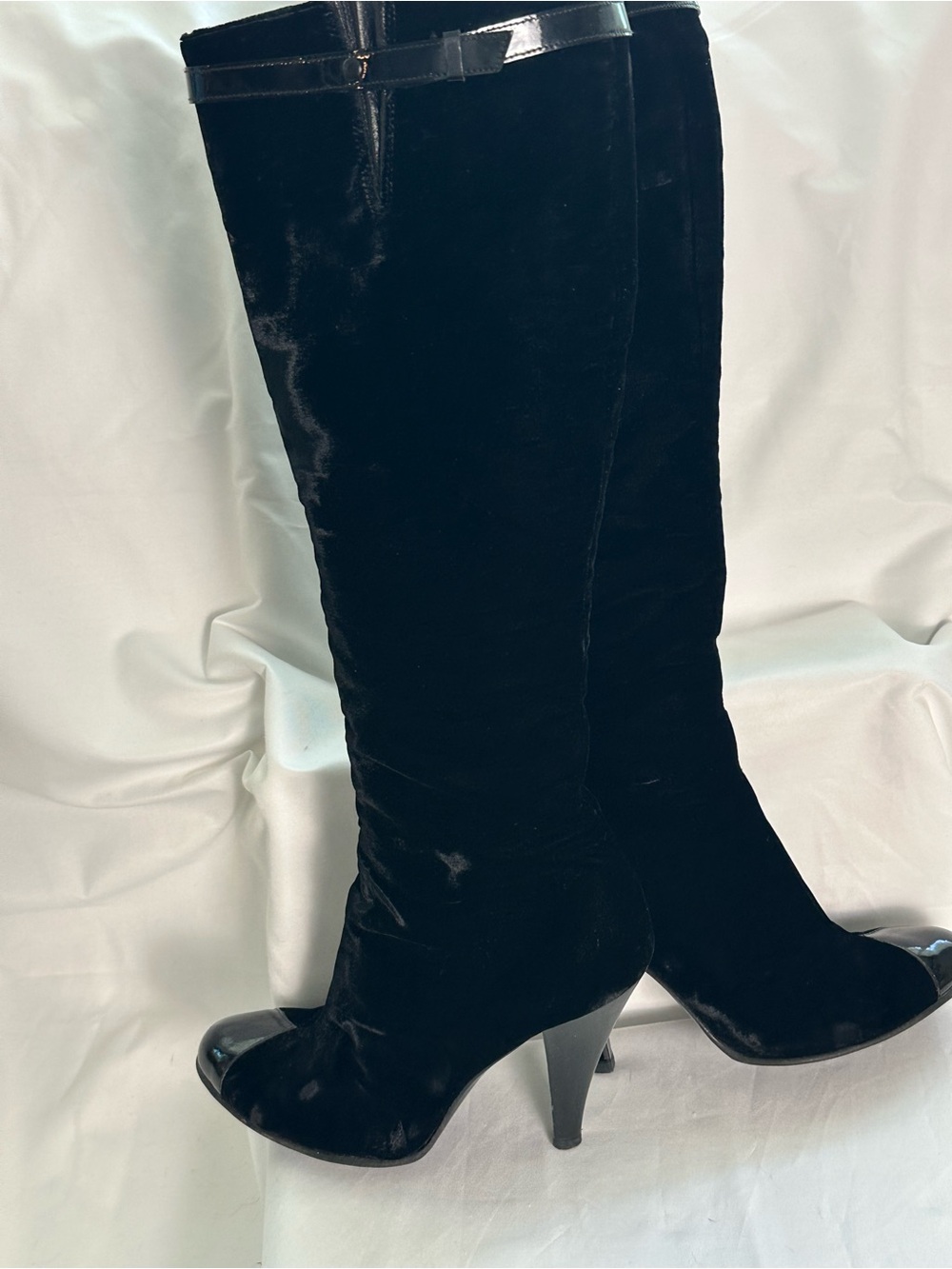 CHANEL Black Velvet Patent Leather Knee High Boots EU 36.5